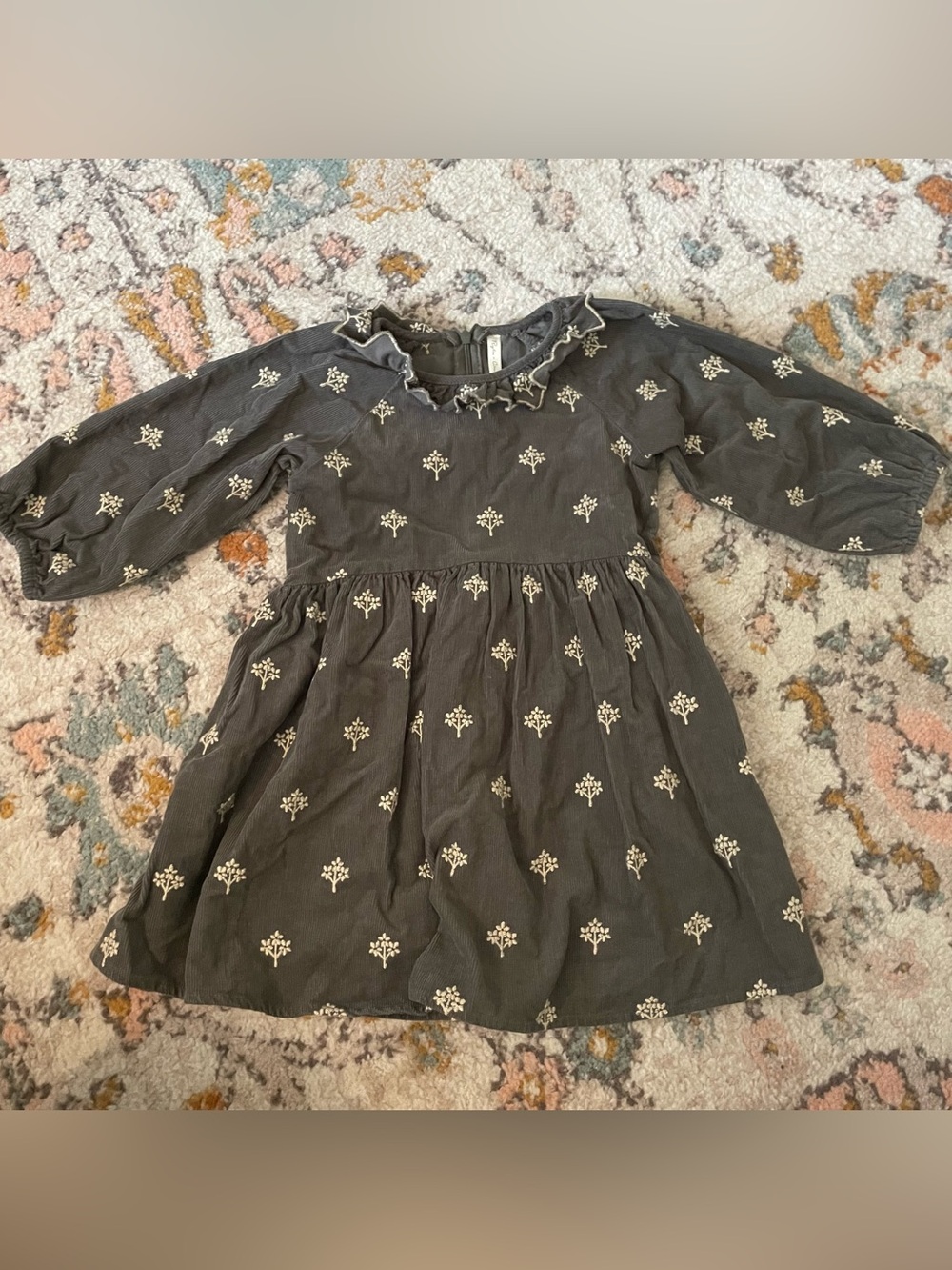 Girls' Charcoal Gray Embroidered Corduroy Long-Sleeve Dress